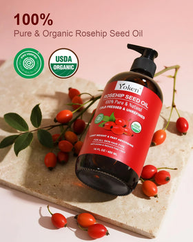 Yoken rosehip oil drop pouring from bottle close-up highlighting texture