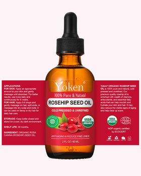 Yoken rosehip seeds next to filled bottle highlighting cold-pressed purity