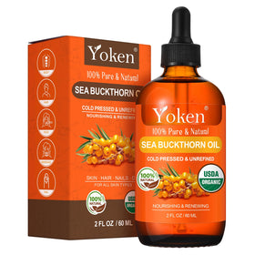 Yoken front packaging showing organic sea buckthorn oil, highlights purity