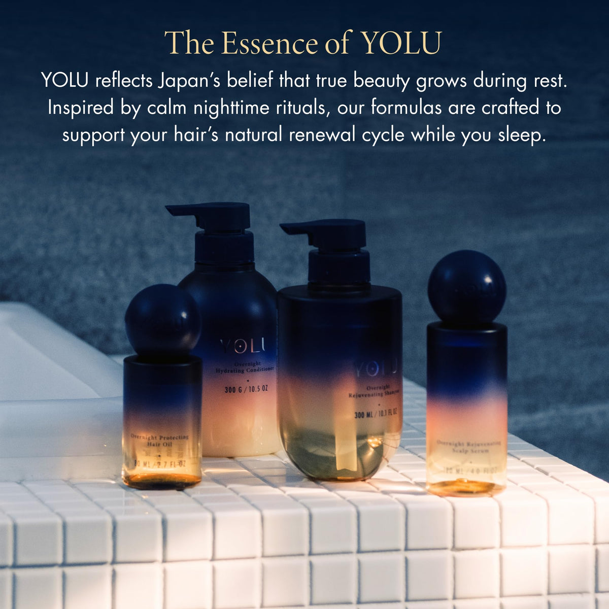 YOLU nighttime bathroom scene shows calming evening ritual and sleep-enhancing benefit