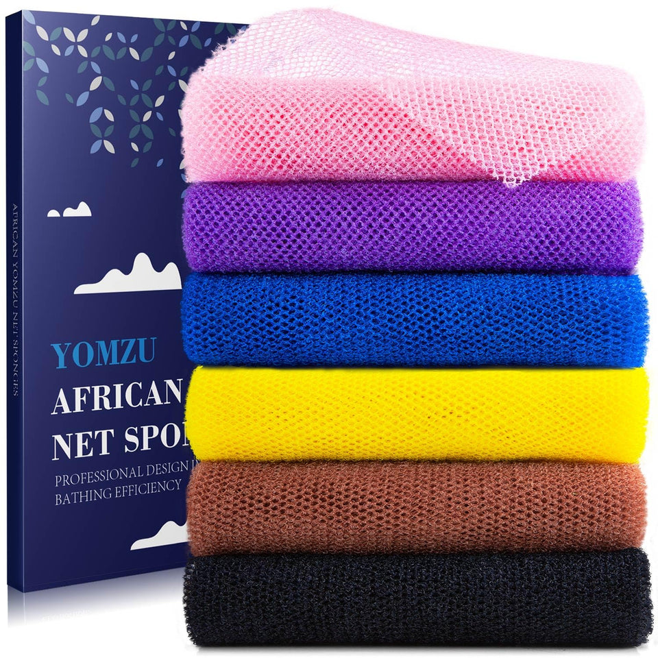 YOMZU front packaging showing six colorful African net sponges for family use