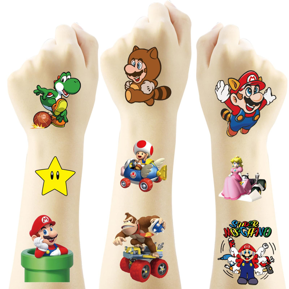 YONGAI front packaging showing Mario-themed temporary tattoo sheets and quantity