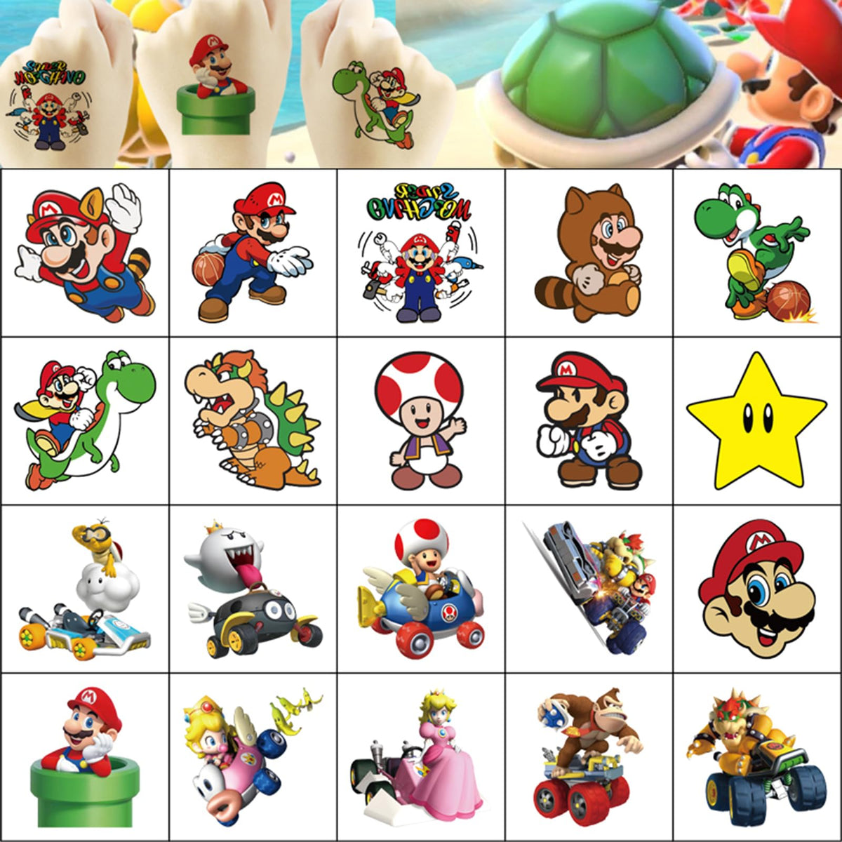 YONGAI close-up of a 5x5cm sheet showing crisp cartoon Mario tattoo details