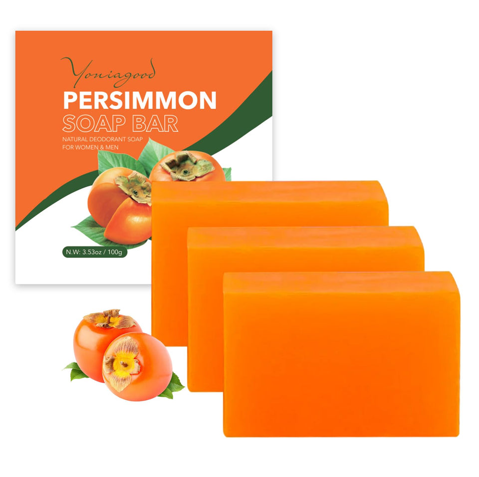 yoniagood front packaging showing three persimmon soap bars and benefits