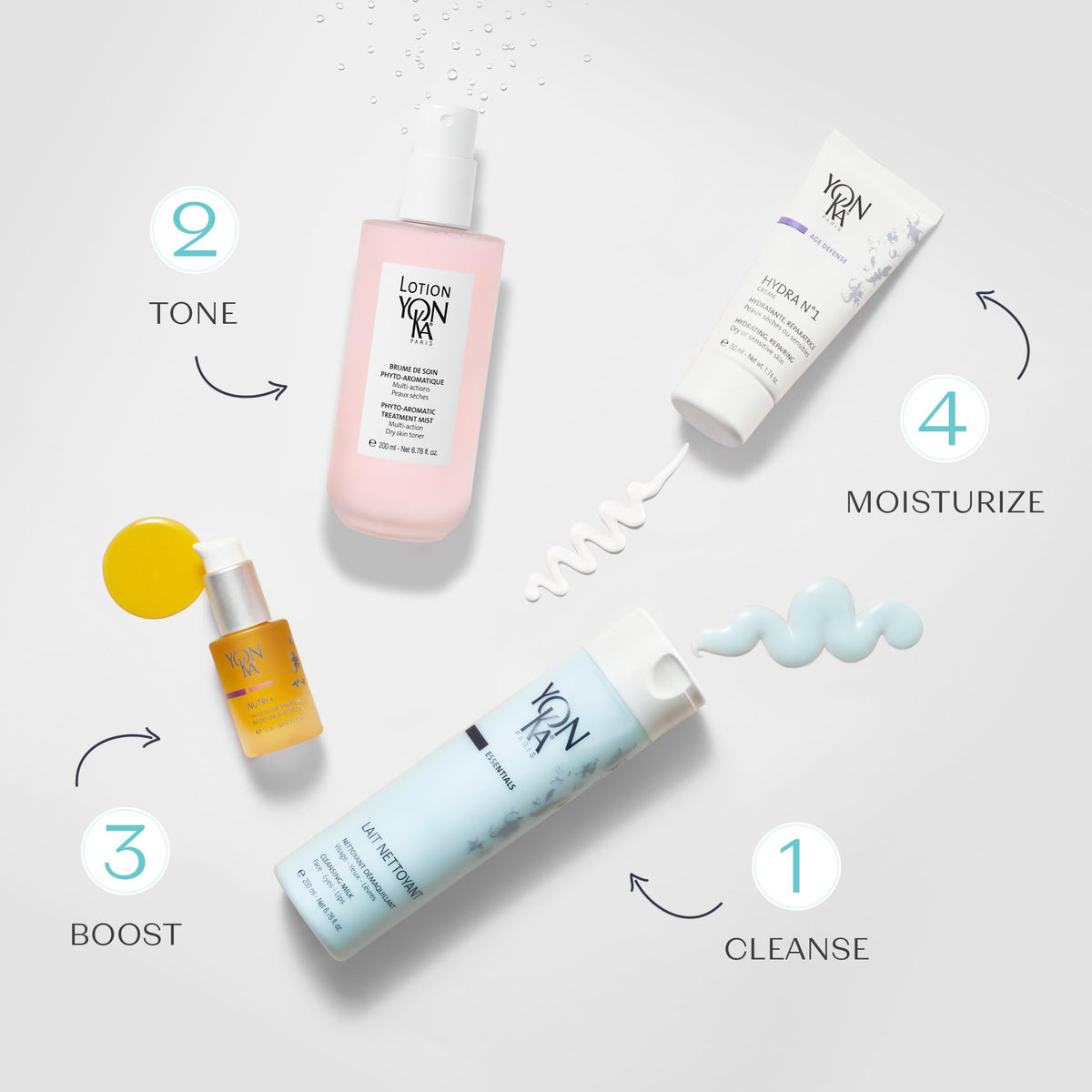 Yonka bottle styled on bathroom shelf suggesting daily routine integration and luxury