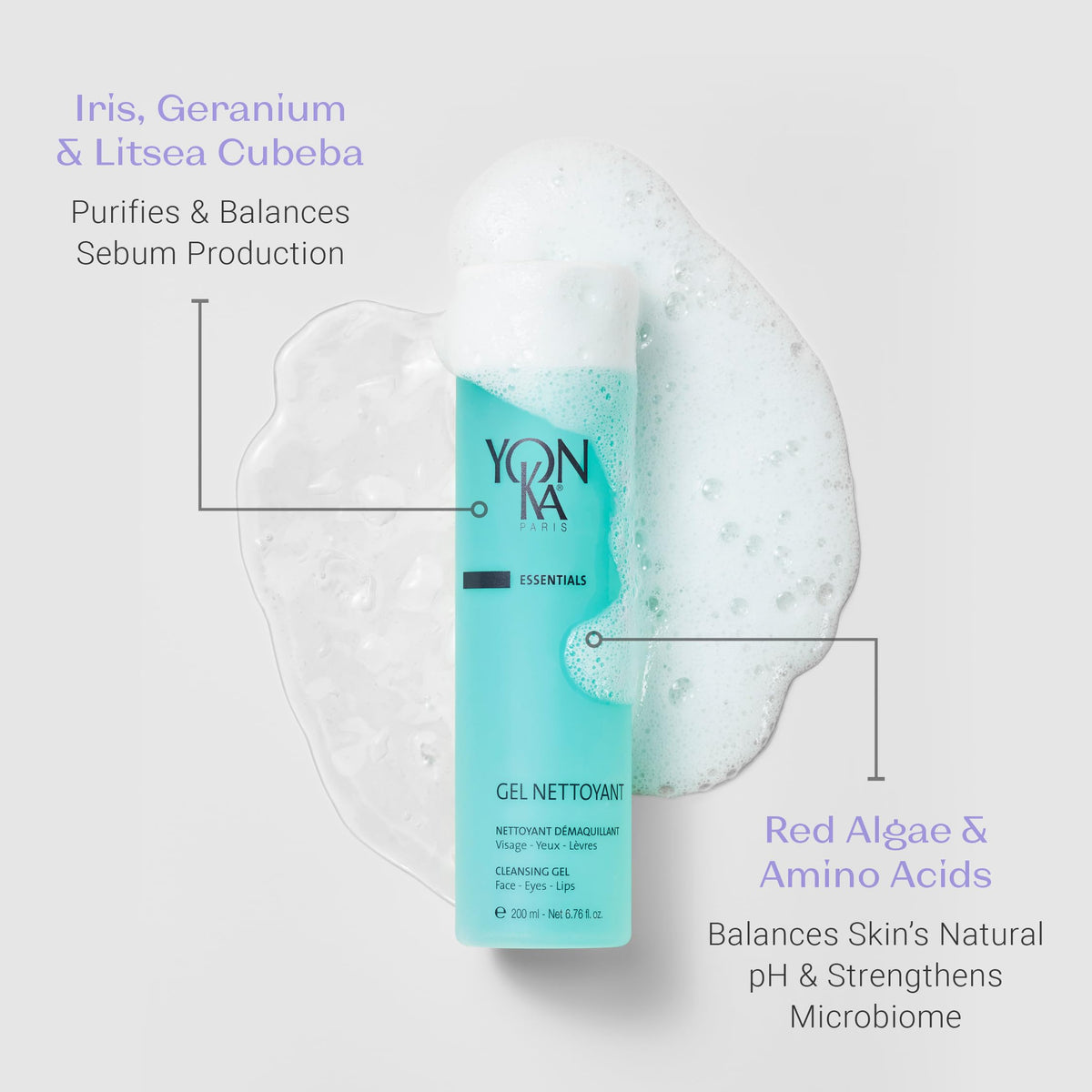 Lavender and iris botanicals arranged near Yonka bottle to show soothing aromatic benefits