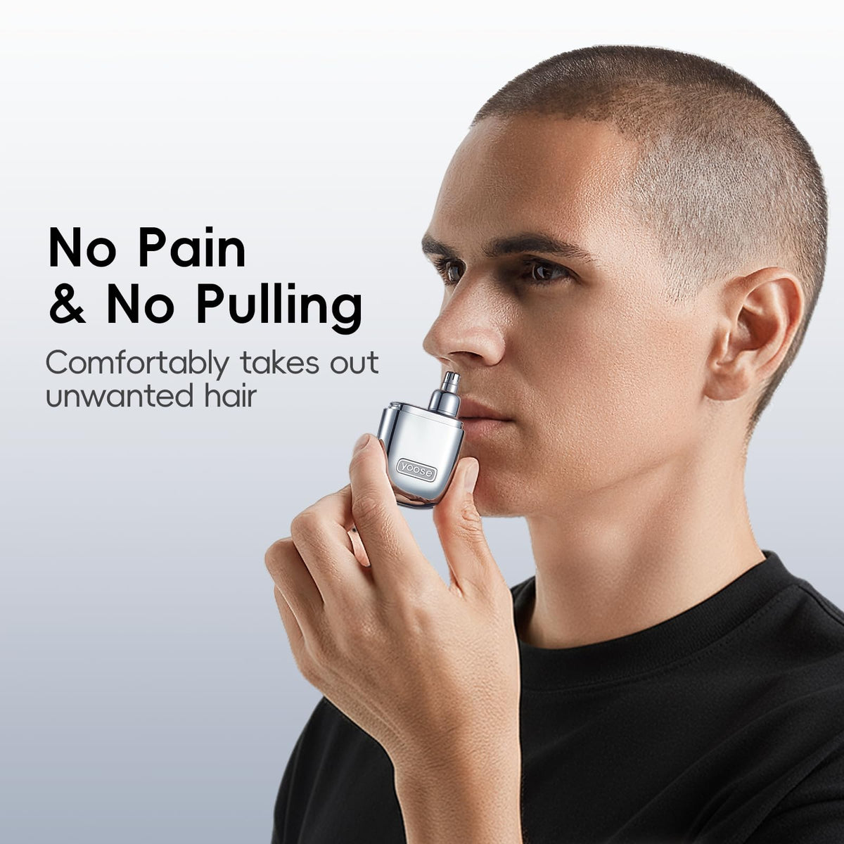 yoose trimmer in use inside nostril demonstrating comfortable, quiet grooming