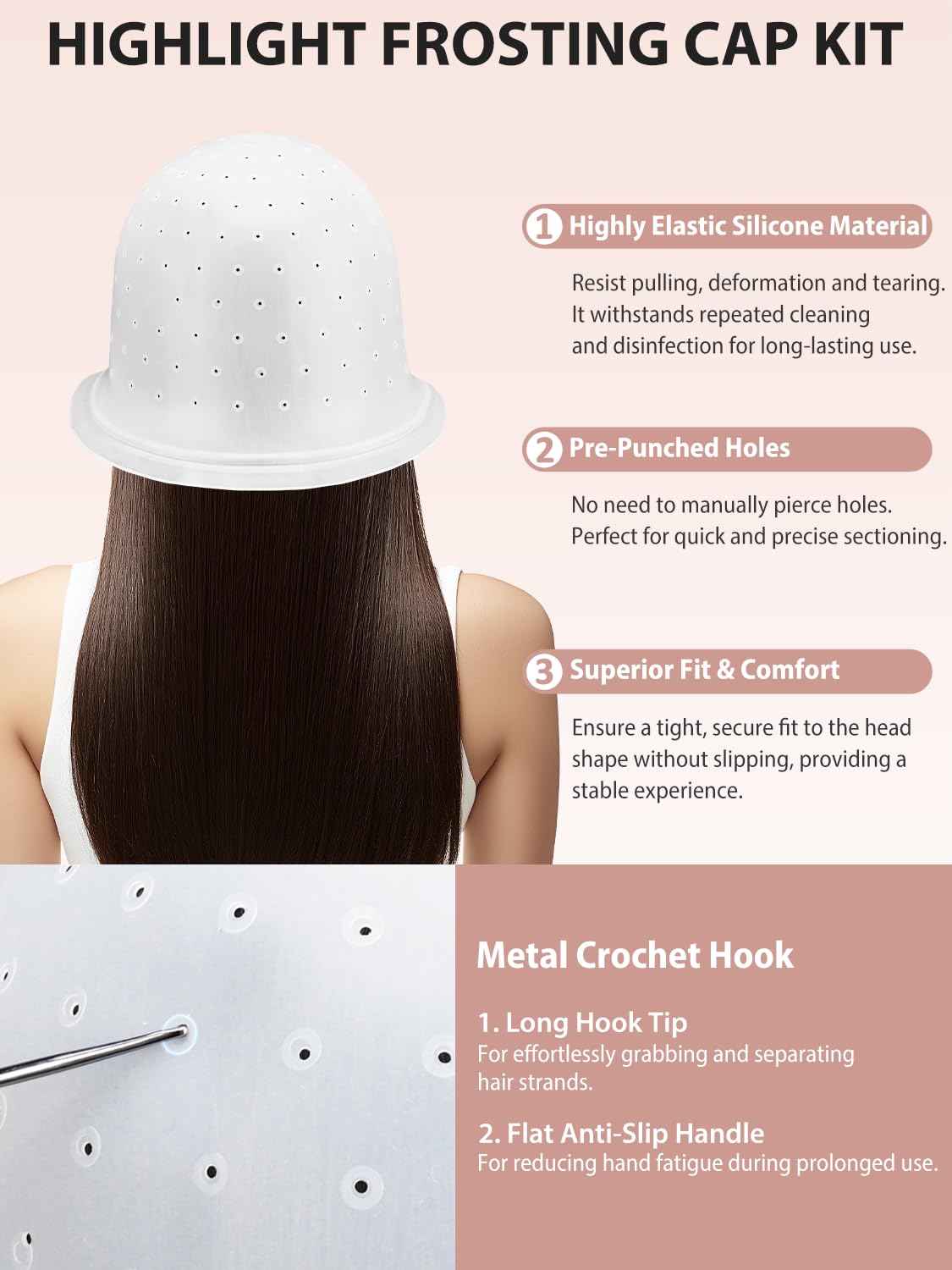YOOVR metal hook pulling hair through cap demonstrating accurate strand selection