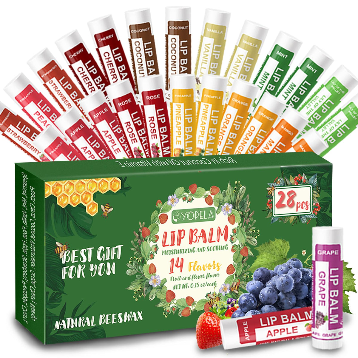 Yopela front packaging showing 28 natural lip balms and variety benefit