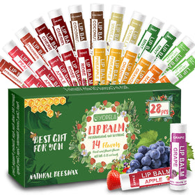 Yopela front packaging showing 28 natural lip balms and variety benefit