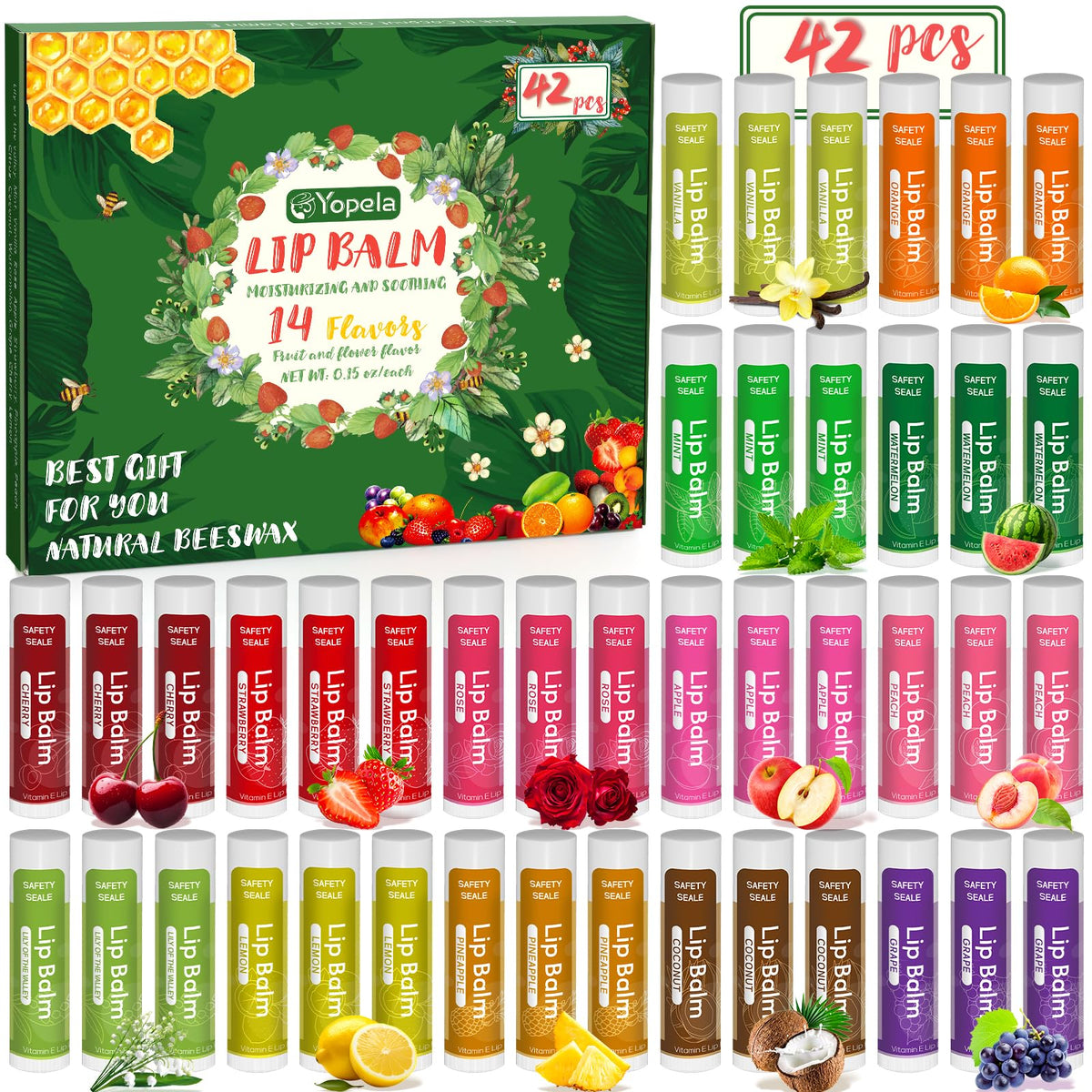 Yopela front packaging showing full 42-pack and flavor variety for convenience