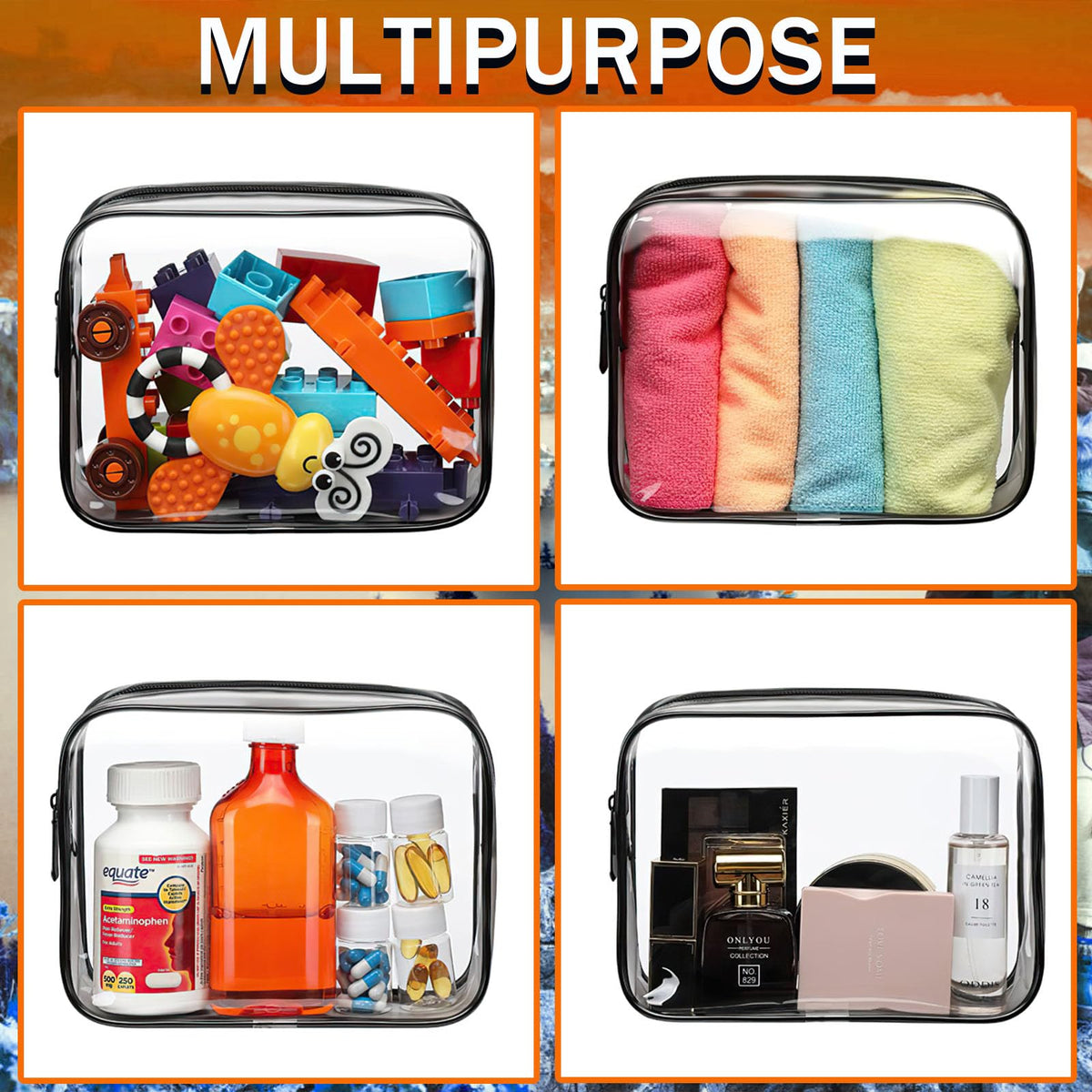 YOQIVEXU filled pouch laid out with cosmetics for easy packing benefit