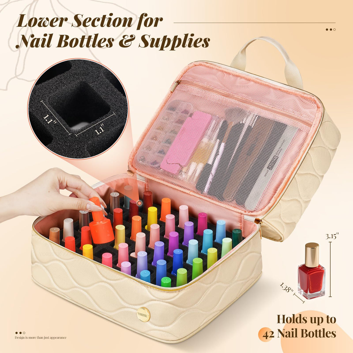 YOREPEK lower compartment with zippered mesh pocket storing nail tools neatly