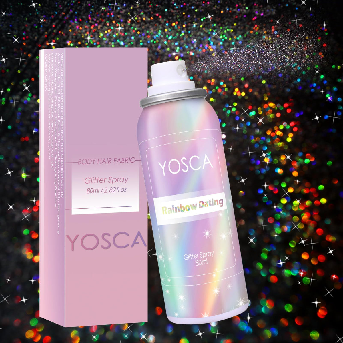 Yosca front bottle showing holographic silver glitter and clear branding for quick sparkle