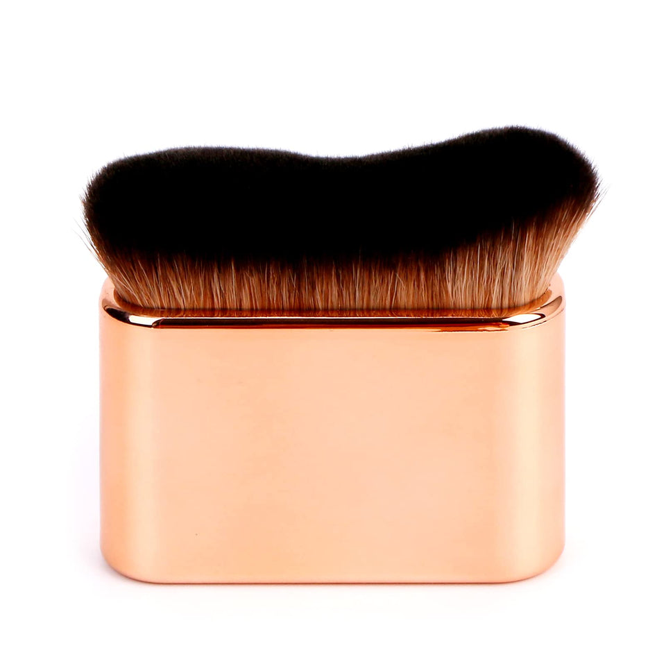 Yoseng rose gold kabuki front view showing sleek handle and dense bristles for even blending