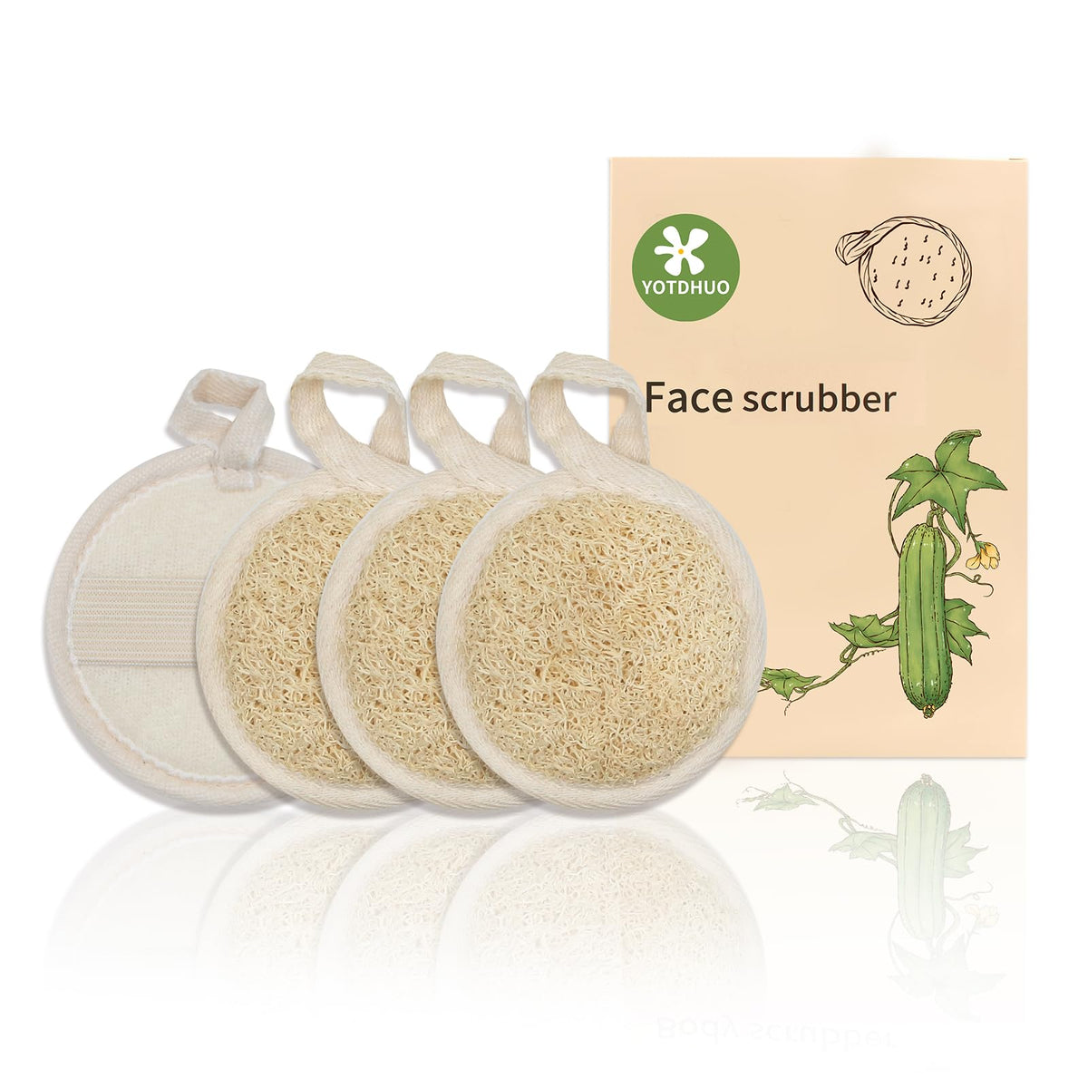 YOTDHUO front packaging showing four loofah face pads and eco benefits
