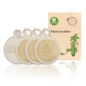 YOTDHUO front packaging showing four loofah face pads and eco benefits