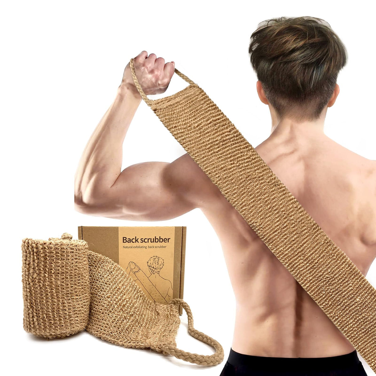 YOTDHUO front view of jute back scrubber showing full strap and grip benefits