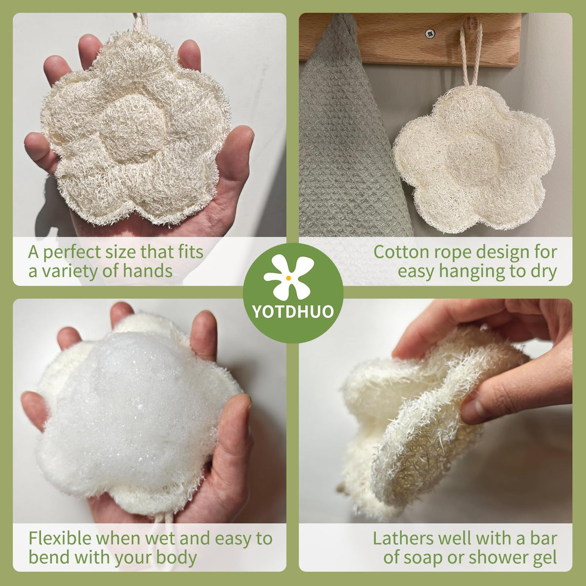 YOTDHUO loofah beside a hand to show scale and lightweight travel-friendly size