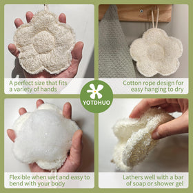 YOTDHUO loofah beside a hand to show scale and lightweight travel-friendly size