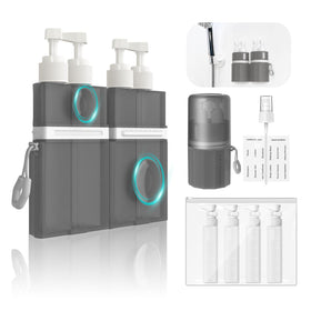 YOTIME front view of gray travel dispenser kit showing organized bottles and pouch for travel convenience