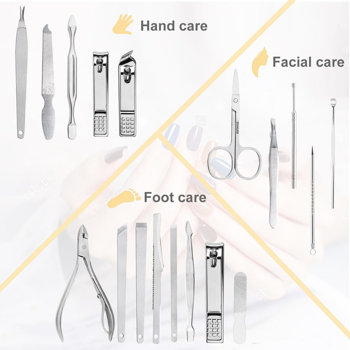 Yougai close-up of nail clippers and cuticle trimmer showing sharp stainless steel benefit
