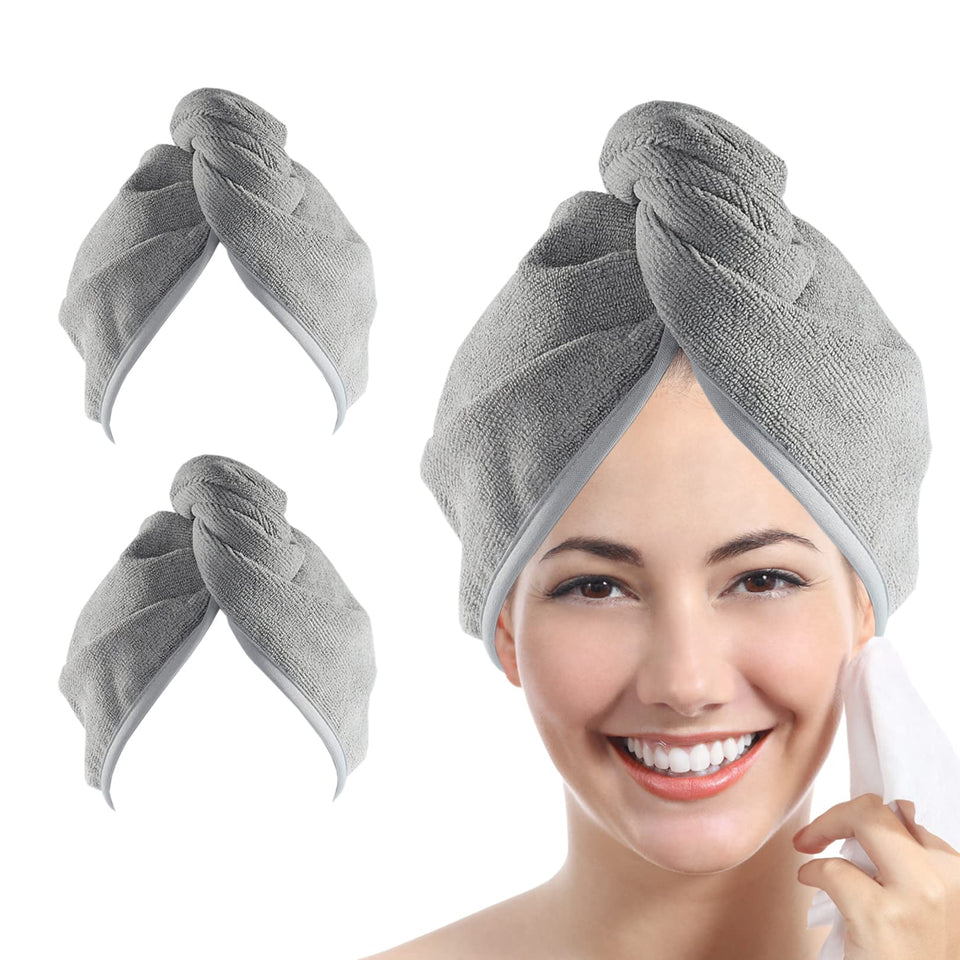 YoulerTex front view of gray 2-pack hair towel wrap showing neat folded set and brand