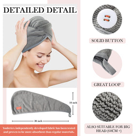 YoulerTex towel wrapped on curly hair model demonstrating secure fit and reduced frizz