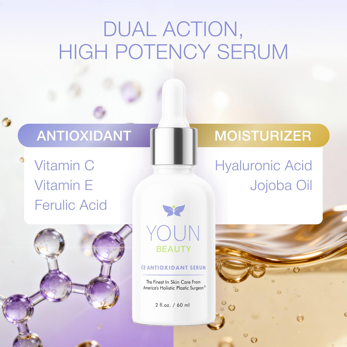 YOUN Beauty ingredient layout with ferulic acid and vitamin E for antioxidant boost