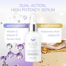 YOUN Beauty ingredient layout with ferulic acid and vitamin E for antioxidant boost