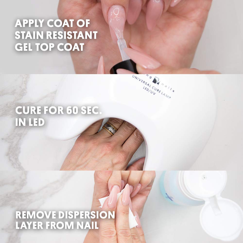 Young Nails bottle being applied in a salon demonstrating fast cure under LED lamp and efficiency