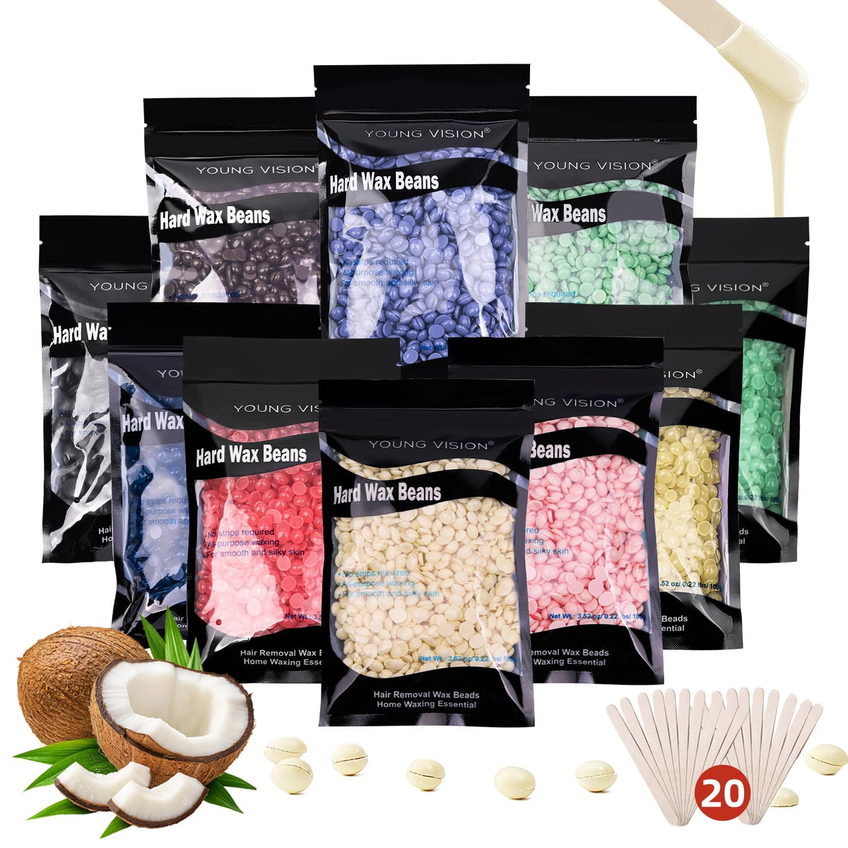 YOUNG VISION front packaging showing ten colorful 100g wax sachets and branding benefits