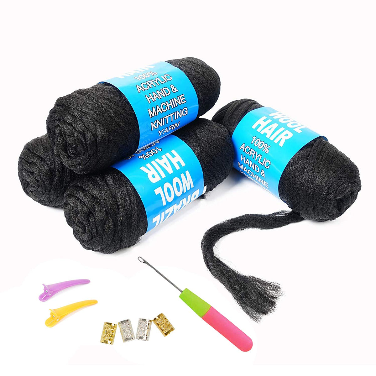 Youngther front packaging showing four natural black yarn rolls and included tools, convenient set