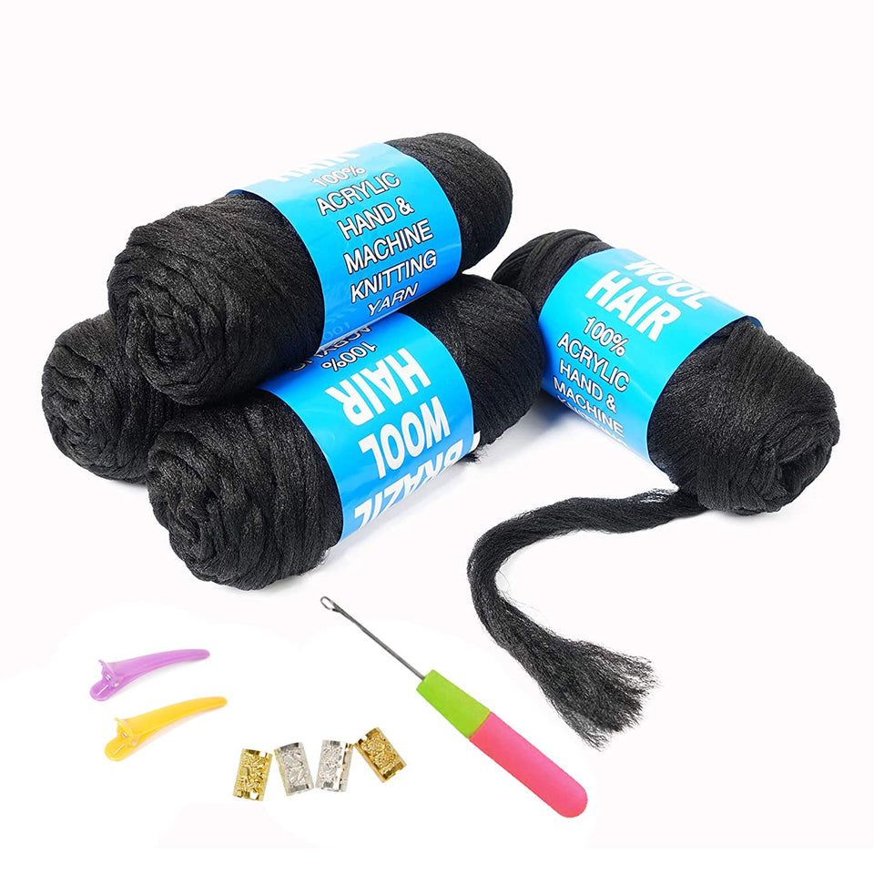Youngther front packaging showing four natural black yarn rolls and included tools, convenient set