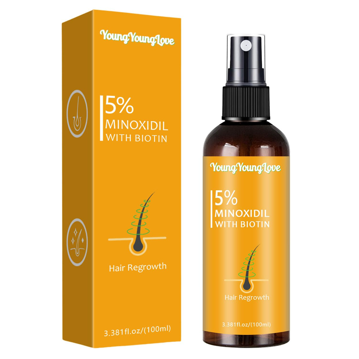 YOUNGYOUNGLOVE front bottle showing 5% minoxidil and biotin benefits