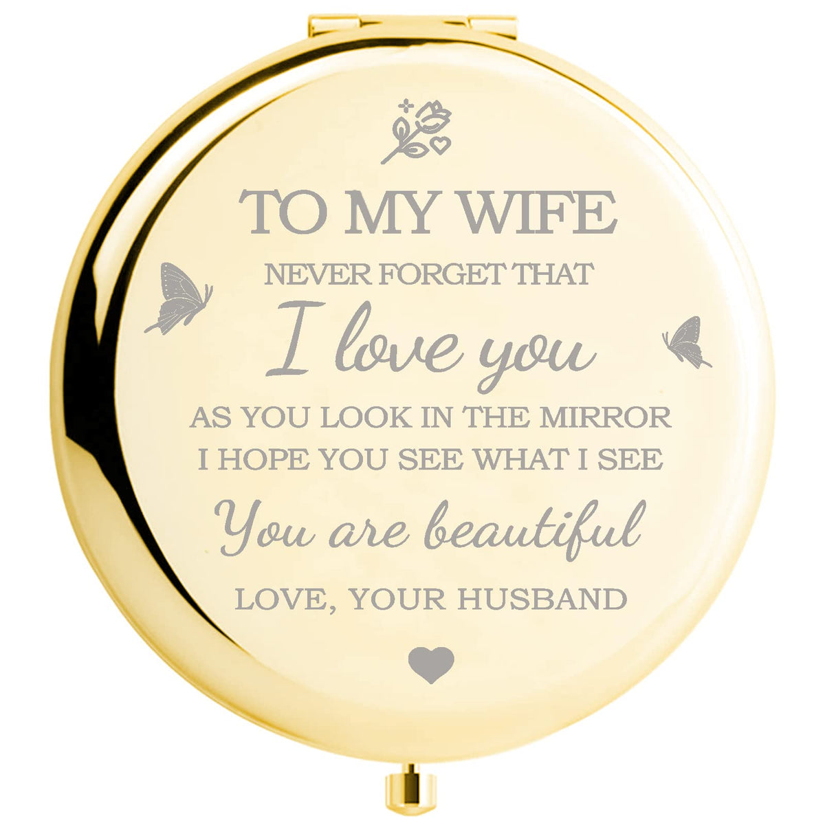 Yountown gold compact front view showing engraved I Love You Wife and elegant finish
