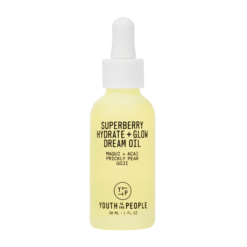 Youth To The People bottle front packaging shows lightweight glow oil and benefits