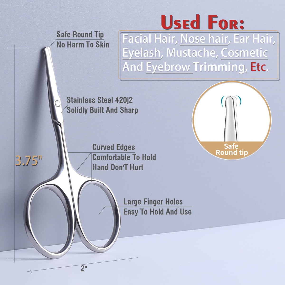 YOUYISI close-up of rounded stainless blades, safe precise trimming benefit