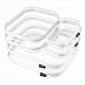 YQBRAO front view of clear hard shell pouches showing organized contents and visibility benefit
