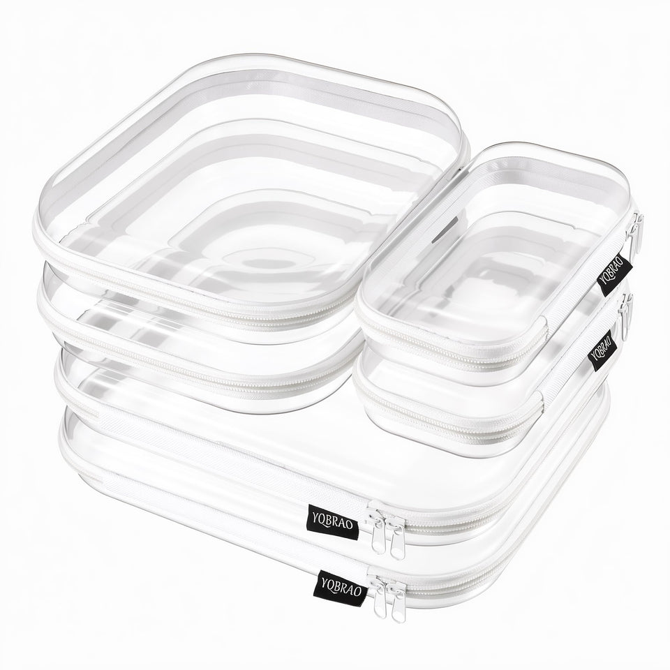 YQBRAO front view of clear hard shell pouches showing organized contents and visibility benefit