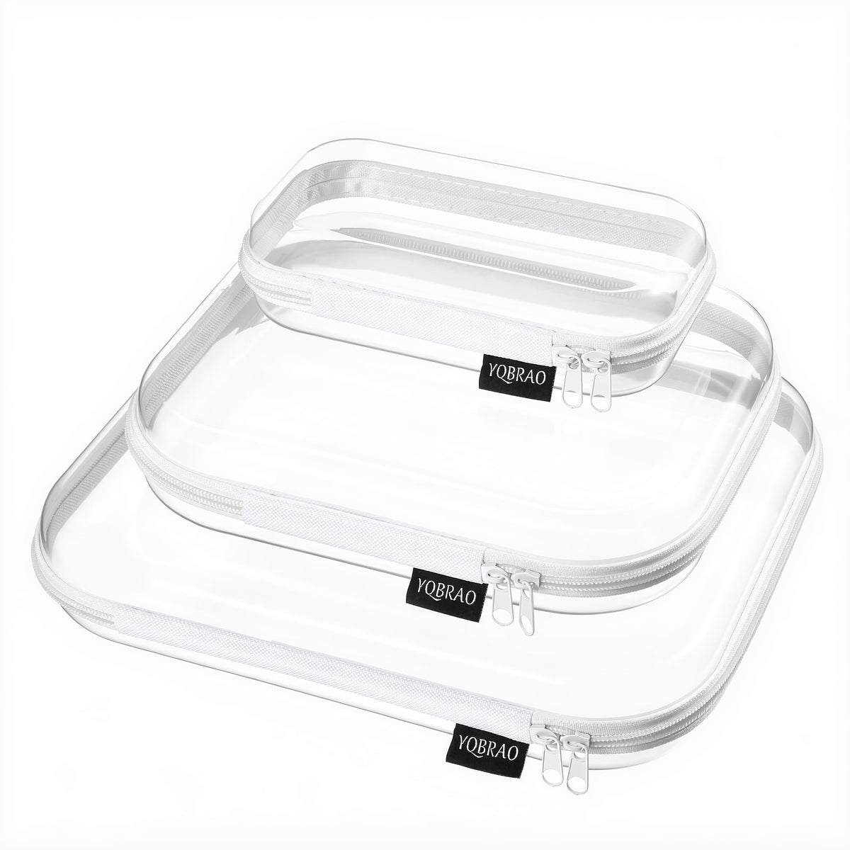 YQBRAO front pack view showing three clear hard shell pouches and organization benefit