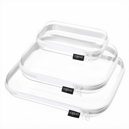 YQBRAO front pack view showing three clear hard shell pouches and organization benefit