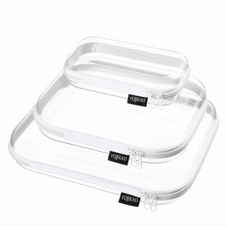 YQBRAO front pack view showing three clear hard shell pouches and organization benefit