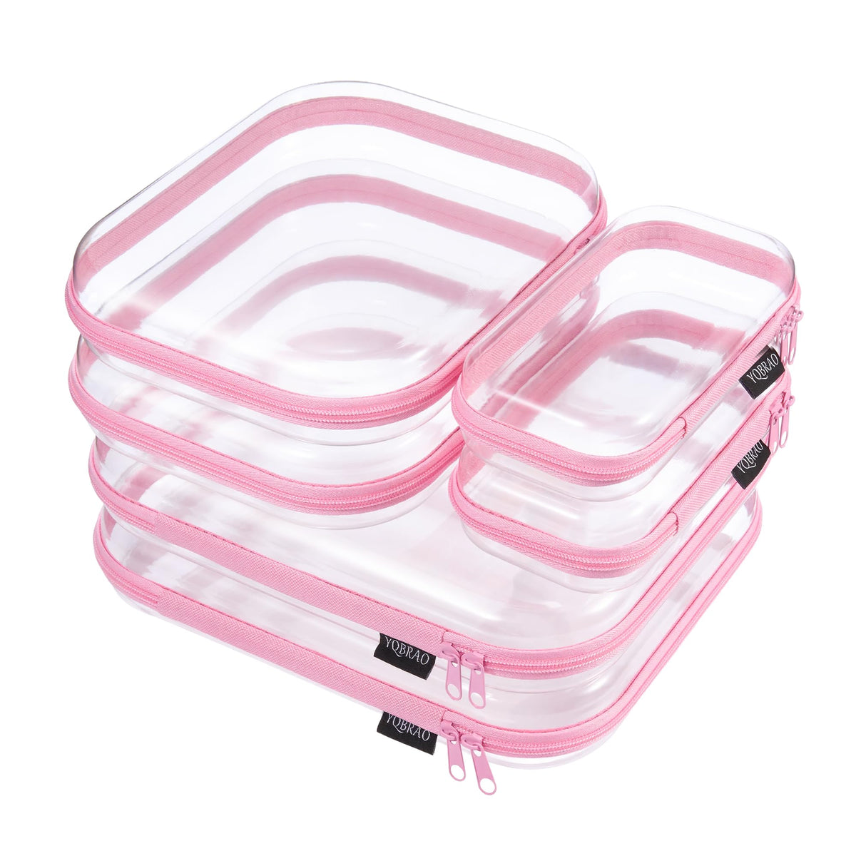 YQBRAO front view of six-piece soft pink clear pouch set, organized travel convenience
