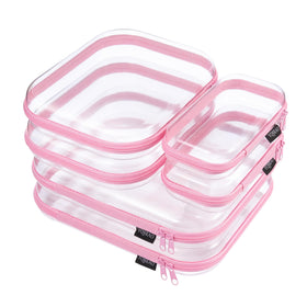 YQBRAO front view of six-piece soft pink clear pouch set, organized travel convenience