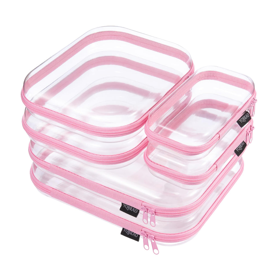 YQBRAO front view of six-piece soft pink clear pouch set, organized travel convenience