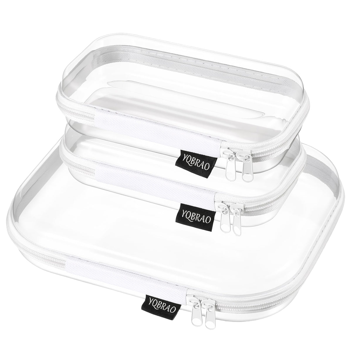 YQBRAO three-pack front view showing clear rigid organizer pouches and sizes