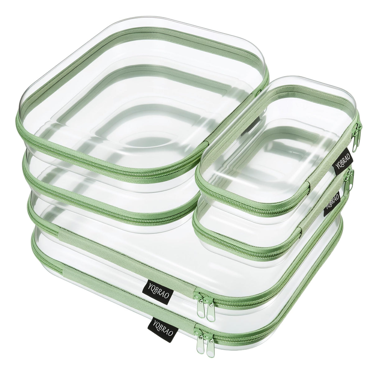 YQBRAO front view of six clear green pouches showing sizes and visibility benefit