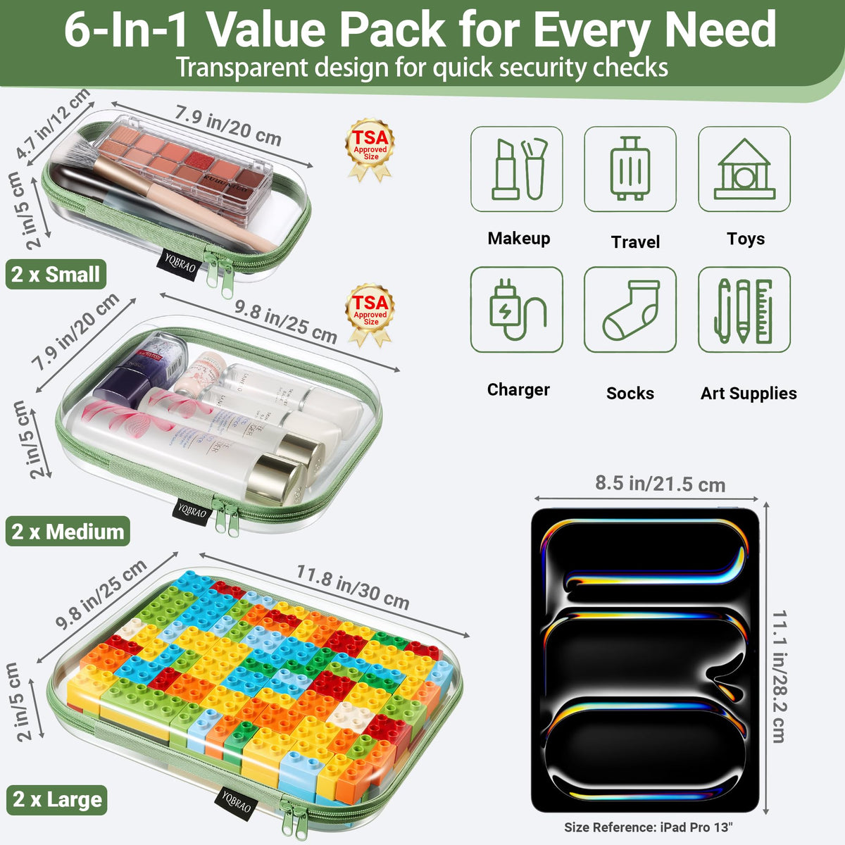 YQBRAO medium pouch with shampoos and liquids demonstrating TSA-friendly packing