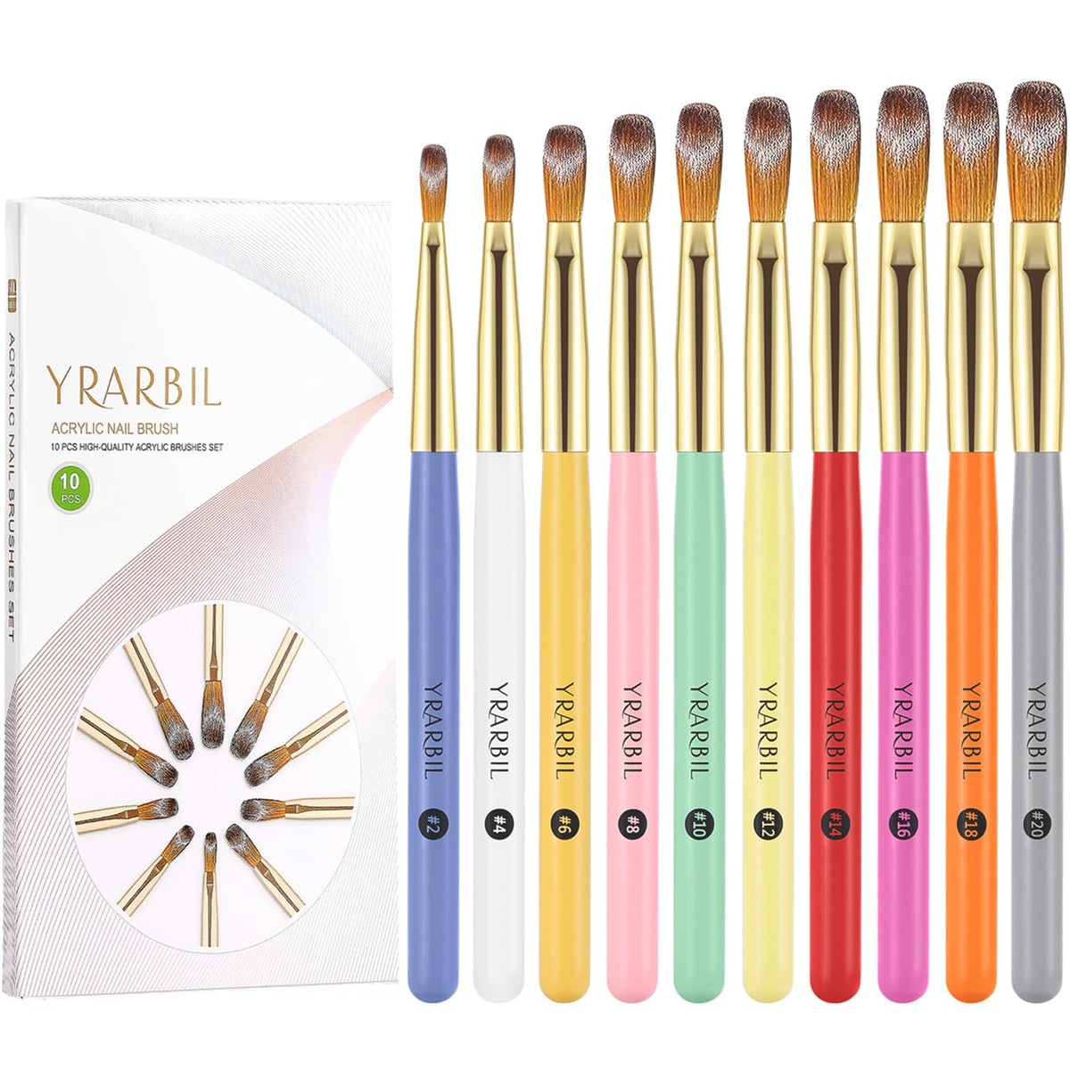 Yrarbil front packaging showing all 10 brushes and colorful handles for easy choice